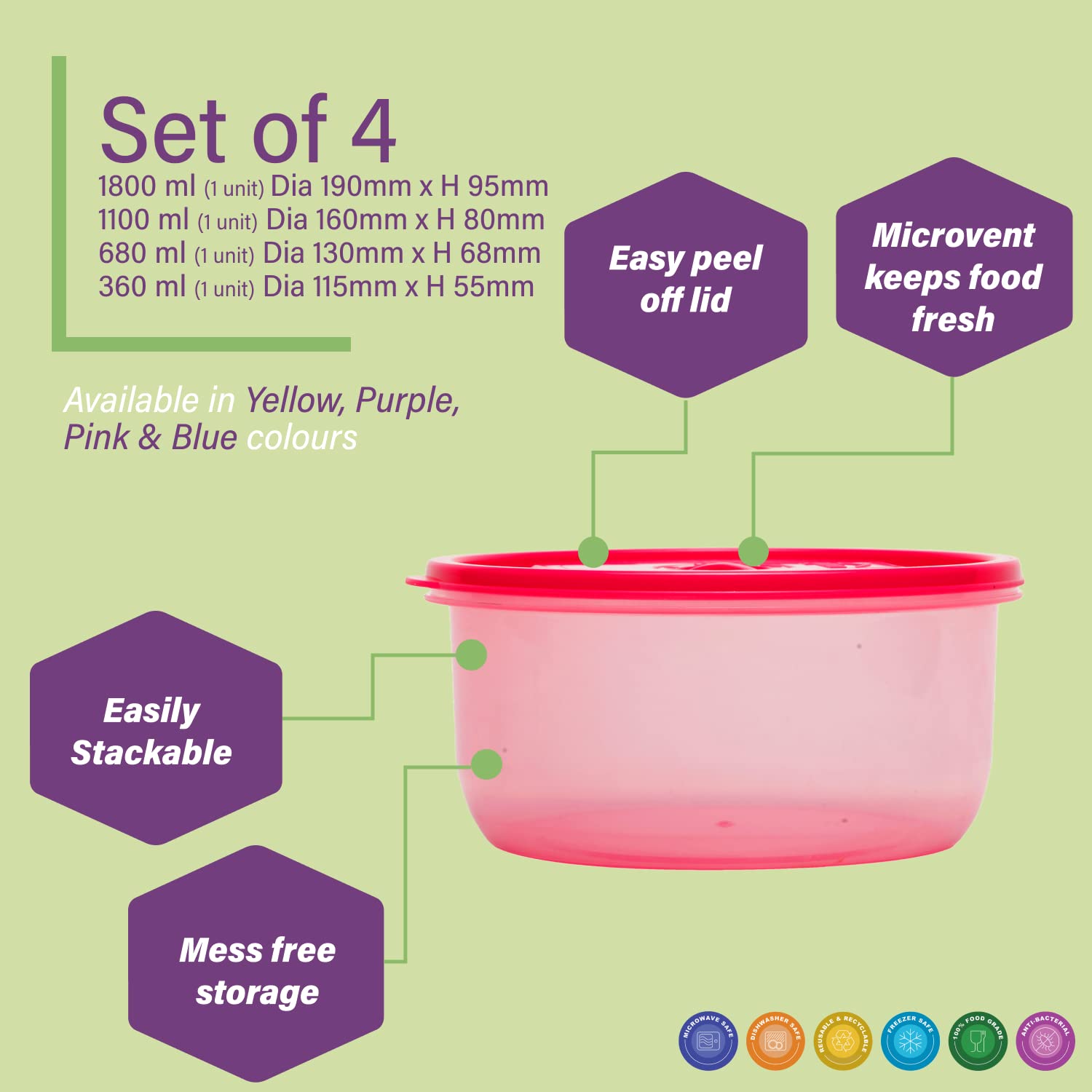 Gluman Microwave Container Set of 4 with Vent Knob for Steam Release | 100% Food Grade | Dishwasher Safe | Freezer Safe | Microw